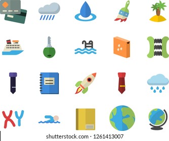Color flat icon set groats flat vector, paint brush, rain, drop, earth, credit card, chromosomes, notebook, tie, rocket, carpal expander, swimming, pool, island fector, cruise ship, key, globe