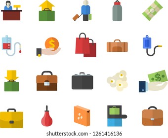 Color flat icon set groats flat vector, spaghetti, popcorn, case, investments, bags, medical warmer, blood transfusion, briefcase, sports pear, sport bag, luggage fector, baggage claim, get, hand