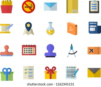 Color flat icon set groats flat vector, French fries, chemistry, dividers, calendar, news, present, clipboard, notebook, to do list, stamp, mail, notepad, hostory roll, ticket fector, location