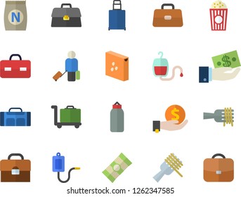 Color flat icon set groats flat vector, spaghetti, on a fork, popcorn, fertilizer vectory, investments, medical warmer, blood transfusion, briefcase, sports pear, sport bag, luggage fector, trolley
