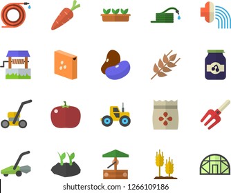 Color flat icon set groats flat vector, ear, legumes, tomato, jam, seeds, well, carrot, tractor, pitchfork, hose, planting plants, irrigation, seedlings, lawn mower, greenhouse