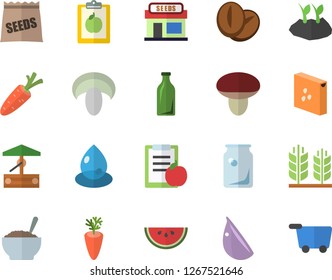 Color flat icon set groats flat vector, watermelon, mushroom, porridge, coffee beans, carrot, garlic, seeds, well, grain warehouse, planting plants, drop, glass bottles, ear, diet