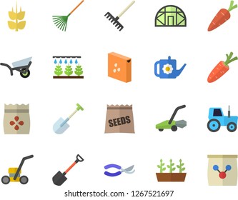 Color flat icon set groats flat vector, ear, seeds, carrot, tractor, sprinkling machine, shovel, secateurs, rake, watering can, garden wheelbarrow, seedlings, lawn mower, greenhouse