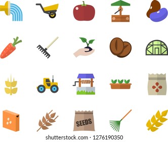 Color flat icon set groats flat vector, ear, legumes, coffee beans, tomato, seeds, well, carrot, tractor, seedlings, rake, hose irrigation, garden wheelbarrow, greenhouse