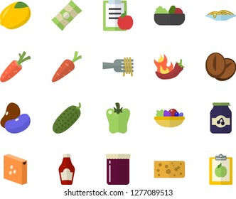 Color flat icon set groats flat vector, spaghetti, ketchup, legumes, lemon, cheese, on a fork, salad, coffee beans, bell pepper, hot peppers, cucumber, jam, carrot, diet