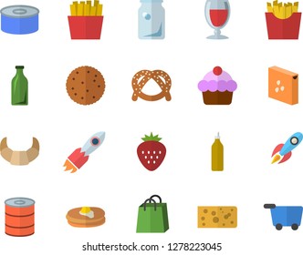 Color flat icon set groats flat vector, biscuit, pancakes, bagel, croissant, cake, cheese, canned food, French fries, wine, Strawberry, mustard, glass bottles, rocket, bags, grocery trolley fector