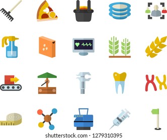Color flat icon set groats flat vector, plates, pizza, well, pulverizer, rake, conveyor, metallurgy, trammel, syringe, computer diagnostics of health, chromosomes, molecules, dental crowns, ear