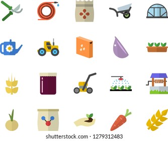 Color flat icon set groats flat vector, garlic, onion, jam, ear, seeds, well, carrot, tractor, sprinkling machine, hose, secateurs, seedlings, watering can, garden wheelbarrow, lawn mower