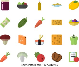 Color flat icon set groats flat vector, spaghetti, lemon, cheese, mushroom, salad, coffee beans, bell pepper, cucumber, sashimi, jam, cranberry, mustard, carrot, diet
