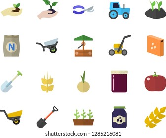 Color flat icon set groats flat vector, onion, tomato, jam, ear, fertilizer vectory, well, tractor, shovel, secateurs, seedlings, planting plants, garden wheelbarrow, lawn mower