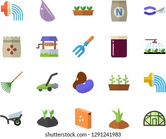 Color flat icon set groats flat vector, legumes, garlic, jam, seeds, fertilizer vectory, well, sprinkling machine, pitchfork, secateurs, rake, planting plants, hose irrigation, garden wheelbarrow