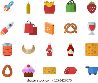 Color flat icon set groats flat vector, ketchup, bagel, croissant, cake, sausage, cheese, canned food, French fries, wine, Strawberry, mustard, rocket, bags, grocery trolley fector