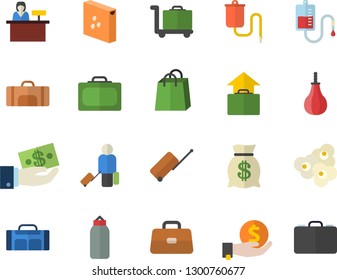 Color flat icon set groats flat vector, popcorn, investments, wealth, bags, medical warmer, blood transfusion, briefcase, sports pear, sport bag, luggage fector, suitcase, hand, trolley, case