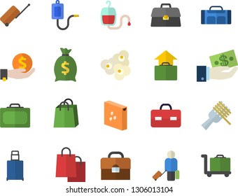 Color flat icon set groats flat vector, spaghetti on a fork, popcorn, investments, wealth, bags, medical warmer, blood transfusion, briefcase, sport bag, luggage fector, suitcase, hand, trolley