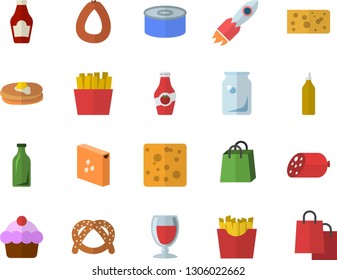 Color flat icon set groats flat vector, ketchup, pancakes, bagel, cake, sausage, cheese, canned food, French fries, wine, mustard, glass bottles, rocket, bags
