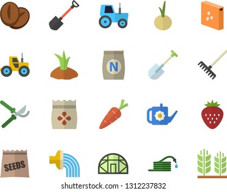 Color flat icon set groats flat vector, coffee beans, onion, Strawberry, seeds, fertilizer vectory, carrot, tractor, shovel, hose, secateurs, rake, watering can, planting plants, irrigation, ear