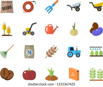 Color flat icon set groats flat vector, ear, legumes, coffee beans, onion, tomato, seeds, fertilizer vectory, tractor, sprinkling machine, pitchfork, hose, rake, watering can, planting plants