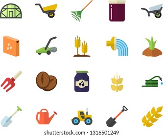 Color flat icon set groats flat vector, coffee beans, jam, ear, tractor, pitchfork, shovel, hose, rake, watering can, planting plants, irrigation, garden wheelbarrow, lawn mower, greenhouse