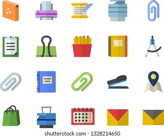 Color flat icon set groats flat vector, French fries, dividers, calendar, bags, clipboard, clip, printer, copy machine, stapler, mail, hostory roll, textbook, notebook, location fector, binder