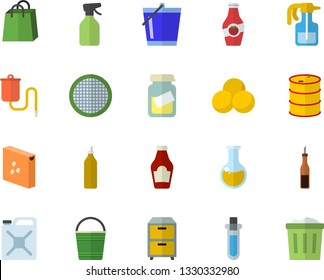 Color flat icon set groats flat vector, sieve, ketchup, sauce, mustard, pulverizer, bucketful, oil tanks, canister, bags, medical warmer, analysis, archive, beakers, pills, trash can