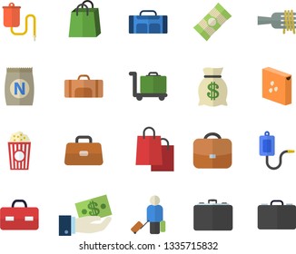 Color flat icon set groats flat vector, spaghetti, on a fork, popcorn, fertilizer vectory, case, investments, wealth, bags, medical warmer, briefcase, sport bag, luggage fector, trolley