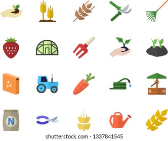 Color flat icon set groats flat vector, ear, Strawberry, fertilizer vectory, well, carrot, tractor, pitchfork, hose, secateurs, seedlings, rake, watering can, planting plants, greenhouse