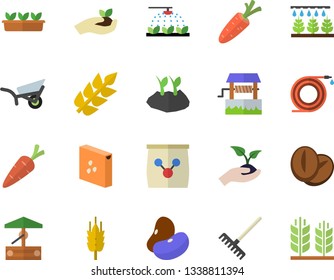 Color flat icon set groats flat vector, legumes, coffee beans, ear, well, carrot, sprinkling machine, hose, seedlings, rake, planting plants, garden wheelbarrow, fertilizer vectory