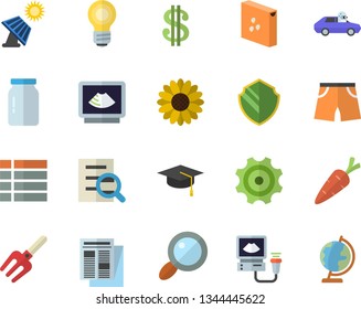 Color flat icon set groats flat vector, glass jar, carrot, flower, pitchfork, solar battery, cogwheel, autopilot, magnifier, dollar, news, ultrasound, bulb, bachelor cap, athletic shorts, menu