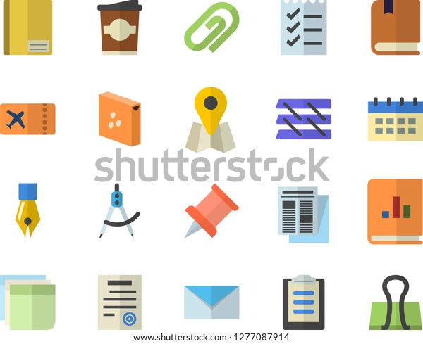 Color flat icon set groats flat vector, coffe,\
dividers, location, news, book balance accounting, clipboard,\
notebook, ink pen, sticker, to do list, paper tray, contract, mail,\
textbook, pushpin
