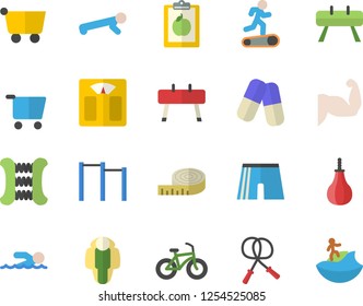 Color flat icon set grocery trolley flat vector, pills, diet, weighing machine, centimeter, muscles, bicycle, skipping rope, carpal expander, parallel bars, sports equipment horse, pear, Treadmill