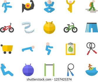 Color flat icon set grocery trolley flat vector, diet, centimeter, muscles, bicycle, skipping rope, parallel bars, athletic shorts, fitball, yoga, gymnastics, squats, push up, swing press, surfing