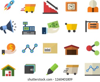 Color flat icon set grocery trolley flat vector, signboard, warehouse, person, rocket, crisis, marker, molecules, investments, purse, scatter chart, mouthpiece, clock, express delivery, barcode