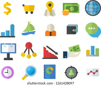 Color flat icon set grocery trolley flat vector, billboard, hierarchy, magnifier, location, person, target audience, earth, crisis, chart, cash, dollar, investments, purse, book balance accounting