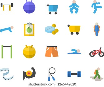 Color flat icon set grocery trolley flat vector, pills, dumbbell, barbell, diet, centimeter, muscles, bicycle, skipping rope, parallel bars, athletic shorts, fitball, swimming, gymnastics, push up
