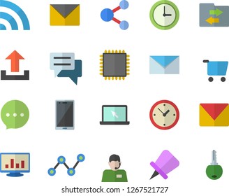 Color flat icon set grocery trolley flat vector, telephone operator, scatter chart, chat, computer, laptop, mail, cpu, share, broadcast, upload, file sharing, drawing pin, envelope, mobile, clock