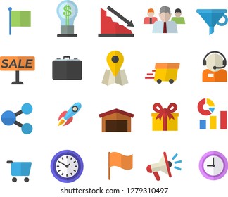 Color flat icon set grocery trolley flat vector, warehouse, funnel, case, location, rocket, crisis, molecules, team, telephone operator, idea, statistics, flag, mouthpiece, clock, present, sell out