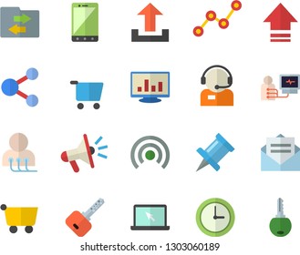 Color flat icon set grocery trolley flat vector, telephone operator, scatter chart, mouthpiece, diagnostics, computer, laptop, share, broadcast, upload, file sharing, drawing pin, message, mobile