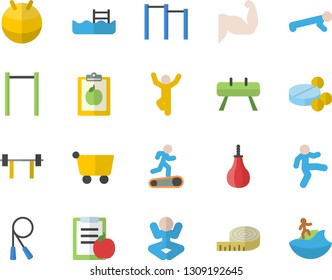 Color flat icon set grocery trolley flat vector, pills, barbell, diet, centimeter, muscles, skipping rope, parallel bars, sports equipment horse, pear, fitball, yoga, Treadmill, gymnastics, push up