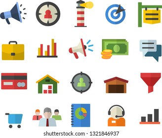 Color flat icon set grocery trolley flat vector, signboard, lighthouse, warehouse, funnel, case, target audience, cash, credit card, team, telephone operator, mouthpiece, book balance accounting
