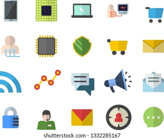 Color flat icon set grocery trolley flat vector, target audience, telephone operator, scatter chart, mouthpiece, chat, diagnostics, laptop, mail, cpu, security fector, broadcast, message, envelope