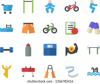 Color flat icon set grocery trolley flat vector, pills, dumbbell, barbell, diet, weighing machine, centimeter, muscles, bicycle, carpal expander, parallel bars, sports equipment horse, pear, squats