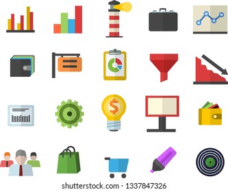 Color flat icon set grocery trolley flat vector, signboard, lighthouse, billboard, funnel, case, cogwheel, graphic report, crisis, marker, purse, team, idea, bags, barcode, statistic, point diagram