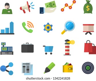 Color flat icon set grocery trolley flat vector, lighthouse, case, magnifier, cogwheel, chart, marker, molecules, investments, purse, telephone operator, phone call, wealth, scatter, flipchart, bags