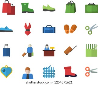Color flat icon set gumboots flat vector, fabric manufacture, person, bags, sneakers, swimsuit, sport bag, luggage fector, suitcase, reception desk, slippers, heart pendant, scissors