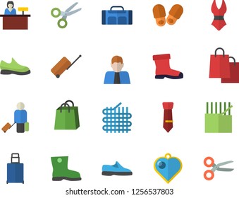 Color flat icon set gumboots flat vector, fabric manufacture, person, bags, tie, sneakers, swimsuit, sport bag, luggage fector, reception desk, slippers, heart pendant, scissors