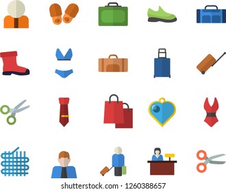 Color flat icon set gumboots flat vector, fabric manufacture, person, bags, tie, sneakers, swimsuit, sport bag, luggage fector, suitcase, reception desk, slippers, heart pendant, scissors