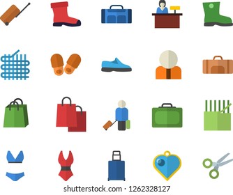 Color flat icon set gumboots flat vector, fabric manufacture, person, bags, sneakers, swimsuit, sport bag, luggage fector, suitcase, reception desk, slippers, heart pendant, scissors