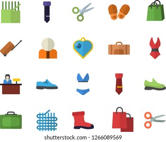 Color flat icon set gumboots flat vector, fabric manufacture, person, bags, tie, sneakers, swimsuit, sport bag, luggage fector, suitcase, reception desk, slippers, heart pendant, scissors