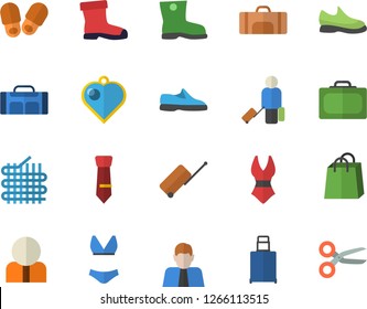 Color flat icon set gumboots flat vector, fabric manufacture, person, bags, tie, sneakers, swimsuit, sport bag, luggage fector, suitcase, slippers, heart pendant, scissors