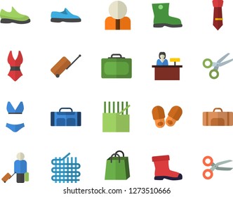 Color flat icon set gumboots flat vector, fabric manufacture, person, bags, tie, sneakers, swimsuit, sport bag, luggage fector, suitcase, reception desk, slippers, scissors